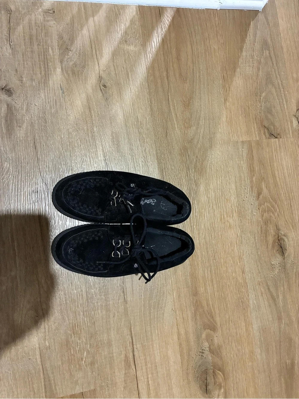 Anthropologie Black Suede Slip-On Loafers with Lace Detail